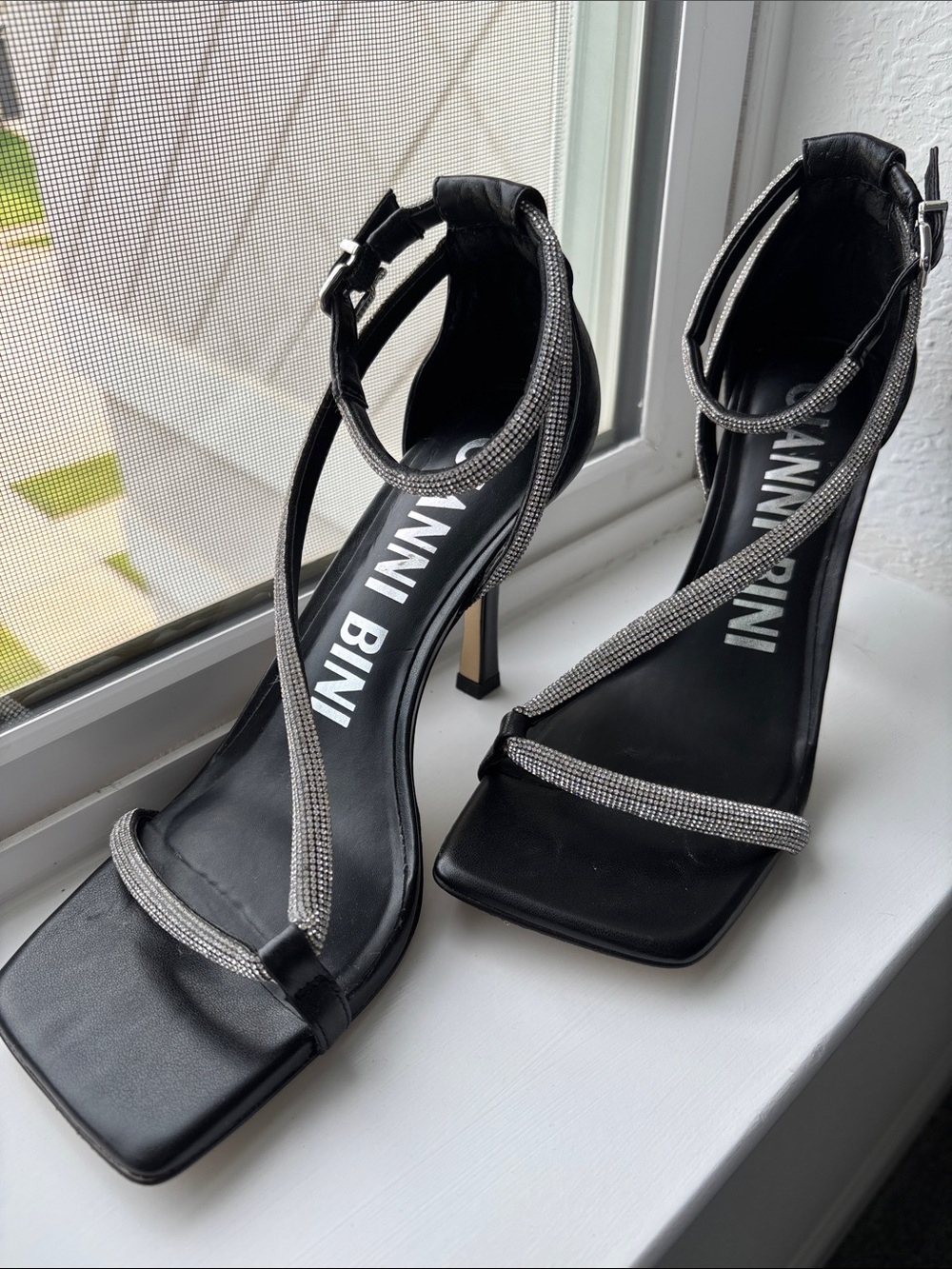 Gianni Bini Black Rhinestone-Strap Square-Toe Stiletto Heels